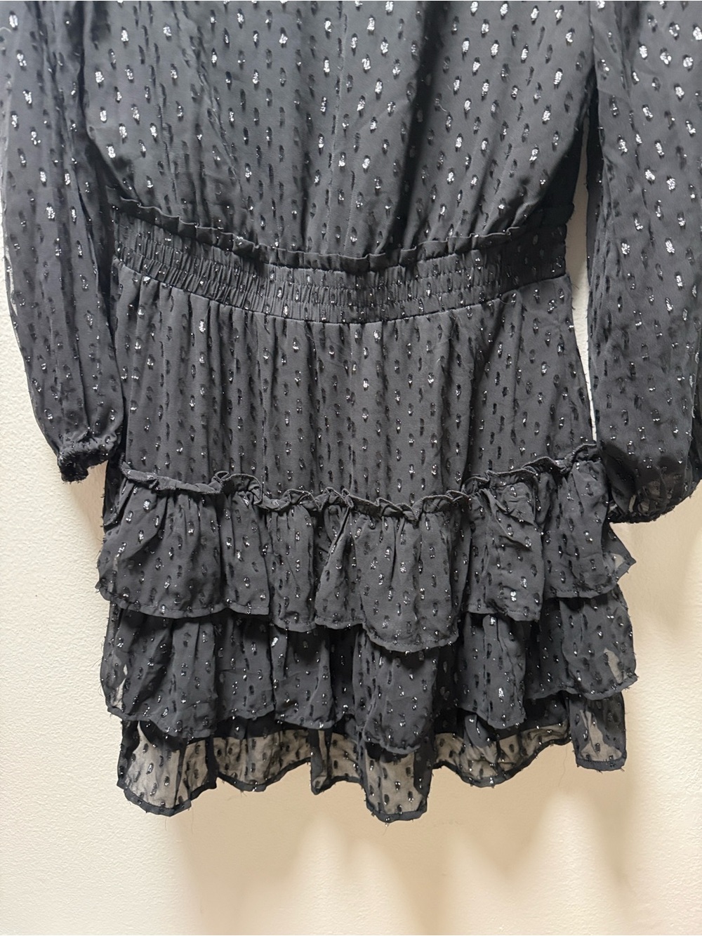 Express Black Long-Sleeve Tiered Mesh Dress with Metallic Dots - Picture 5 of 6